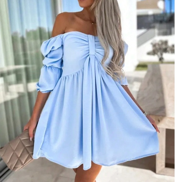 Boho Baby Blue Off Shoulder Balloon Sleeve Mini Dress - Picture 2 of 3